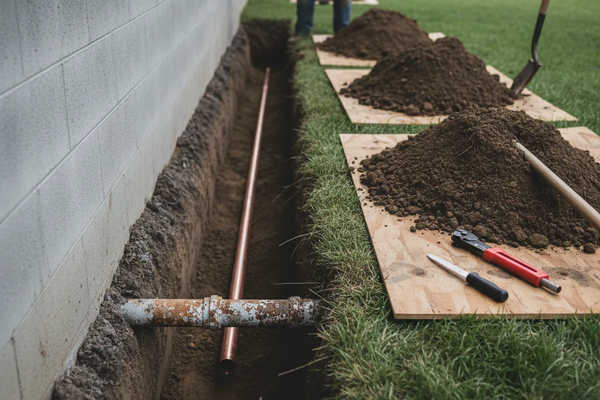 Excavated water line trench during Water Softener Installation in Shushan